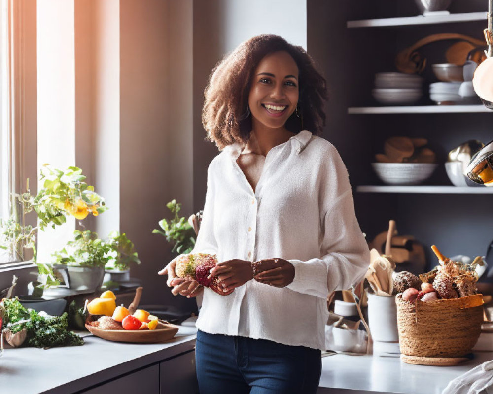 Woman in sunlit kitchen with vegetables, fruits, and artichokes on counter.