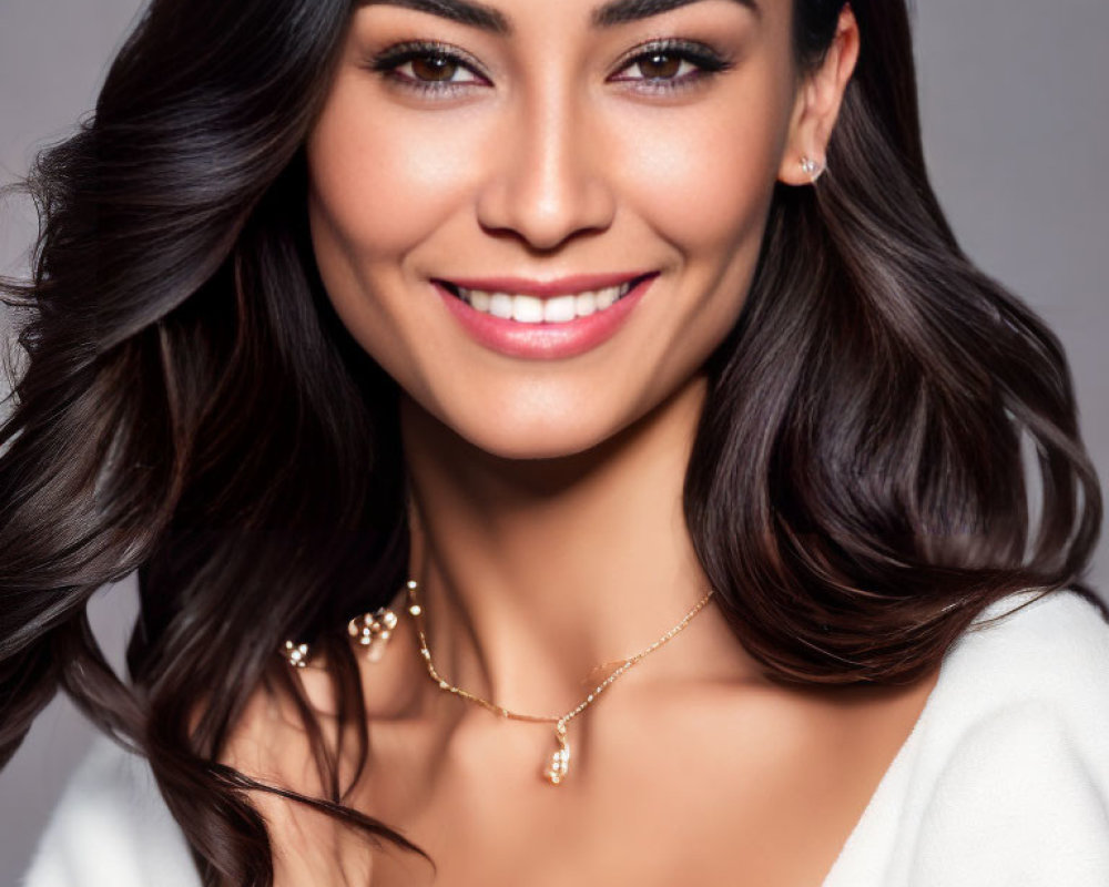 Smiling woman with long dark hair in white top and necklace on grey background