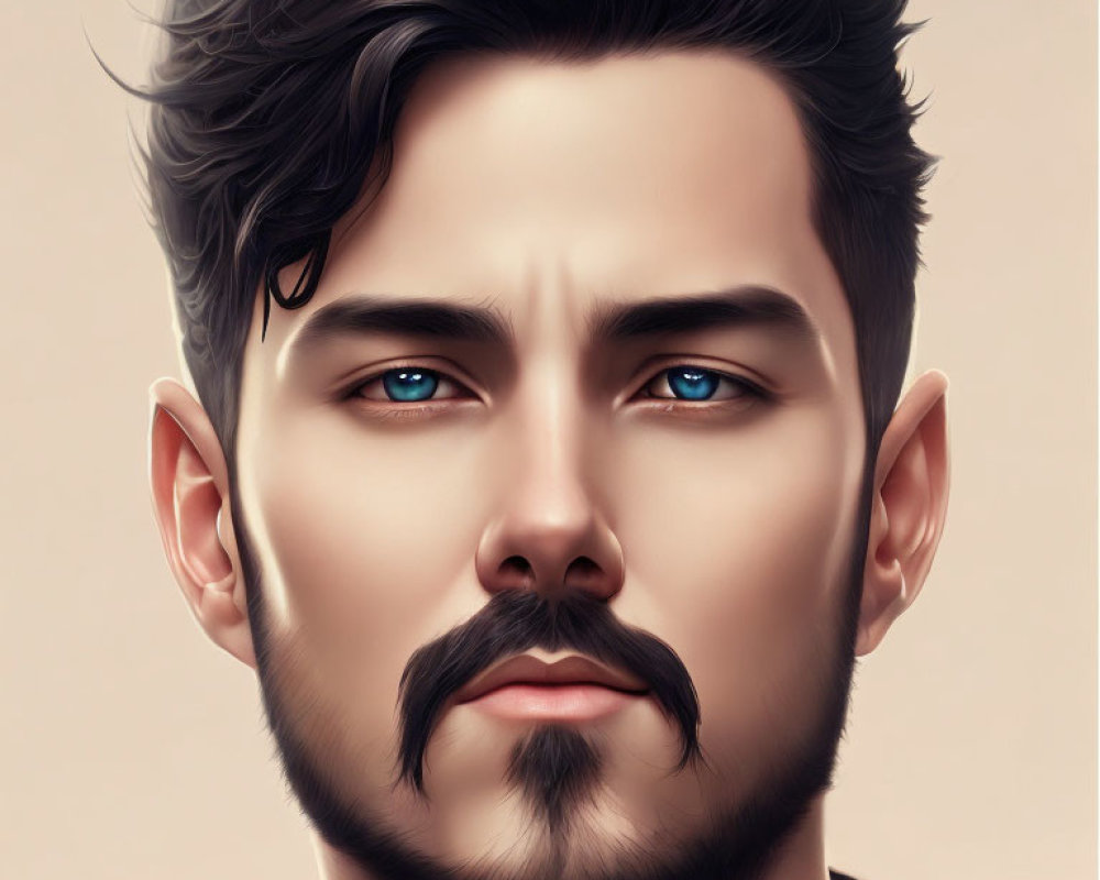 Stylized digital art portrait of a man with dark hair, blue eyes, beard, and must