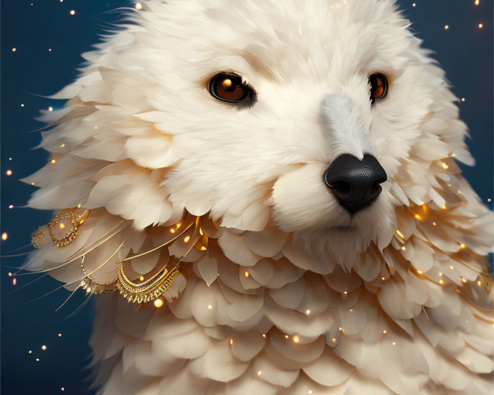 Whimsical white dog illustration with golden jewelry under starry sky