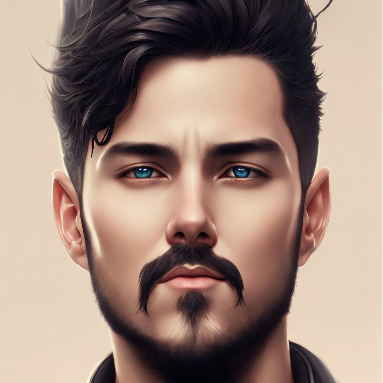 Stylized digital art portrait of a man with dark hair, blue eyes, beard, and must