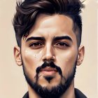 Stylized digital art portrait of a man with dark hair, blue eyes, beard, and must