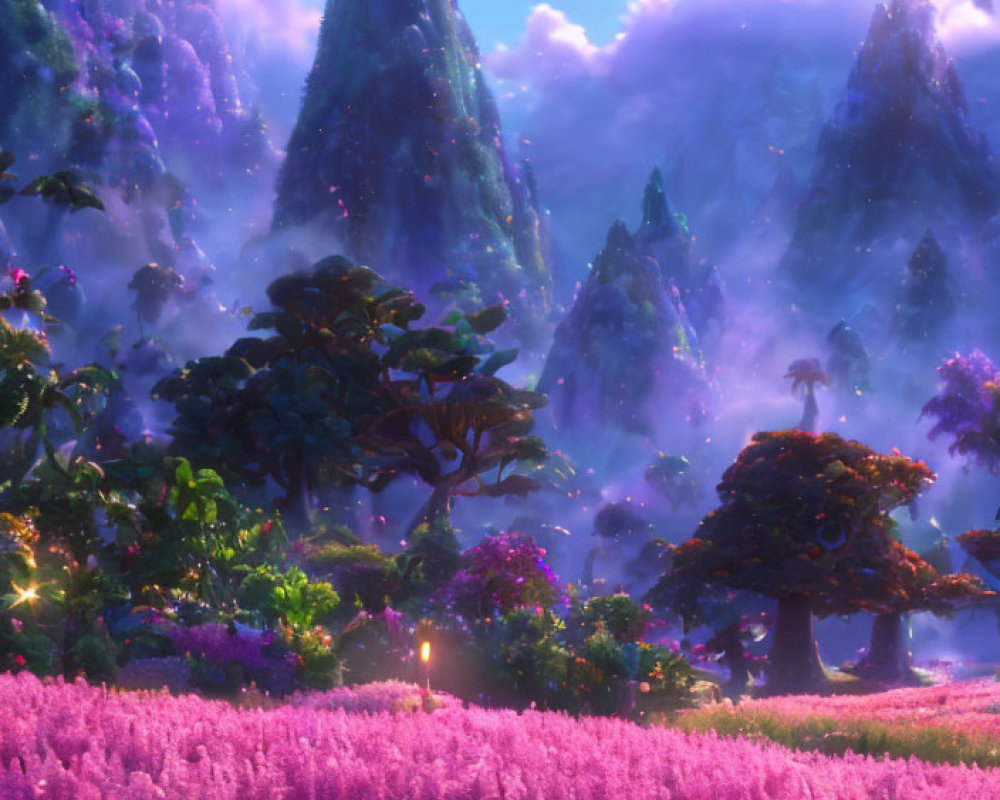 Mystical Landscape with Purple Flora, Green Trees, Crystal Mountains