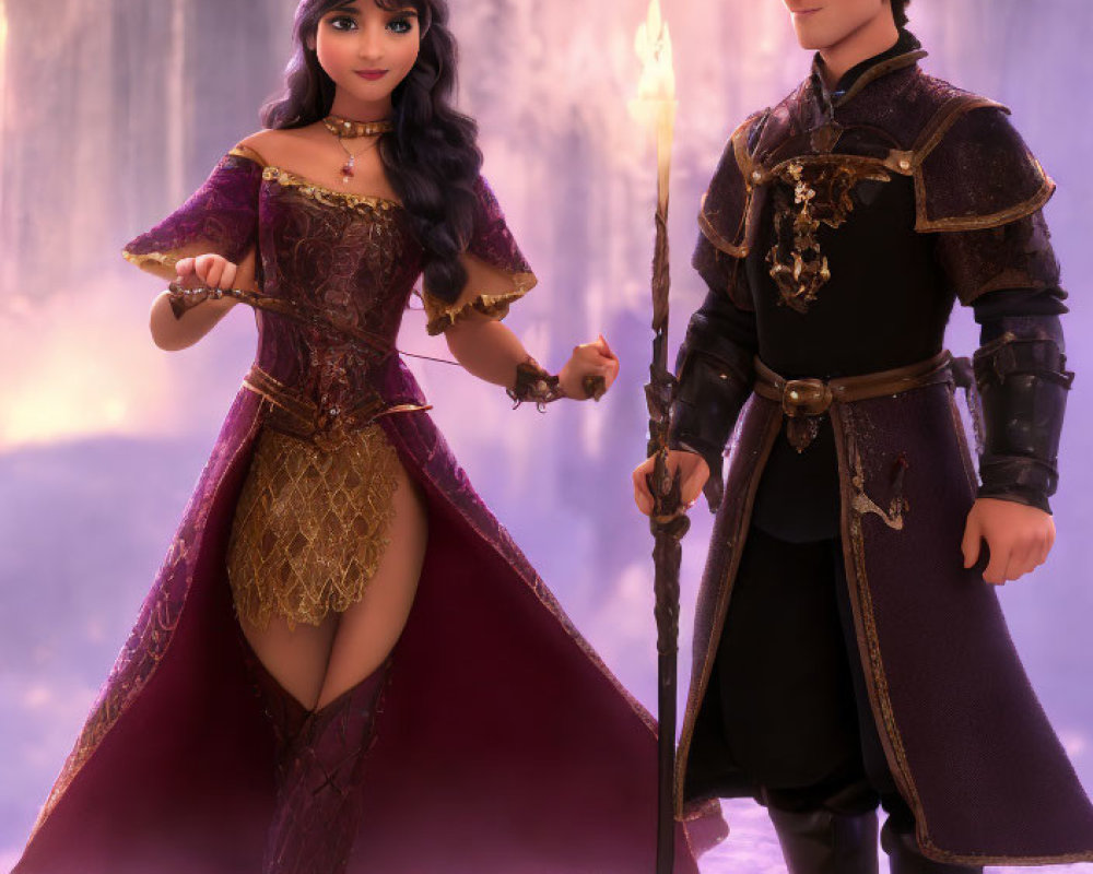 Animated fantasy characters: queen in purple gown and king in black outfit with staffs against misty purple