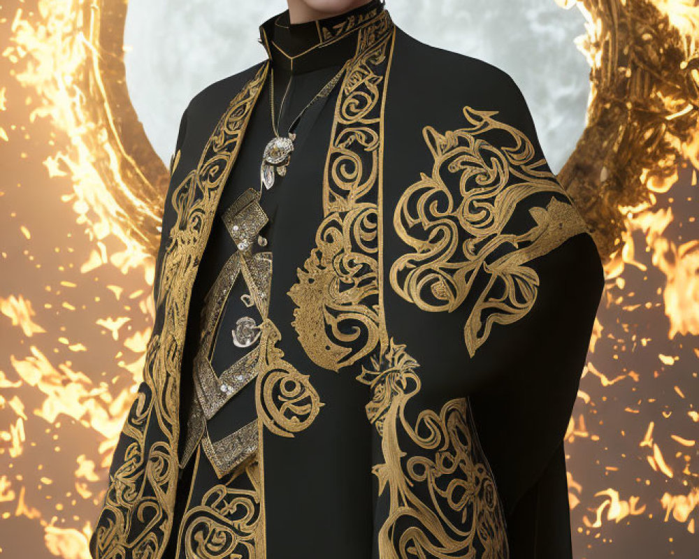 Regal Figure in Black and Gold Ornate Outfit Against Fiery Golden Ring Background