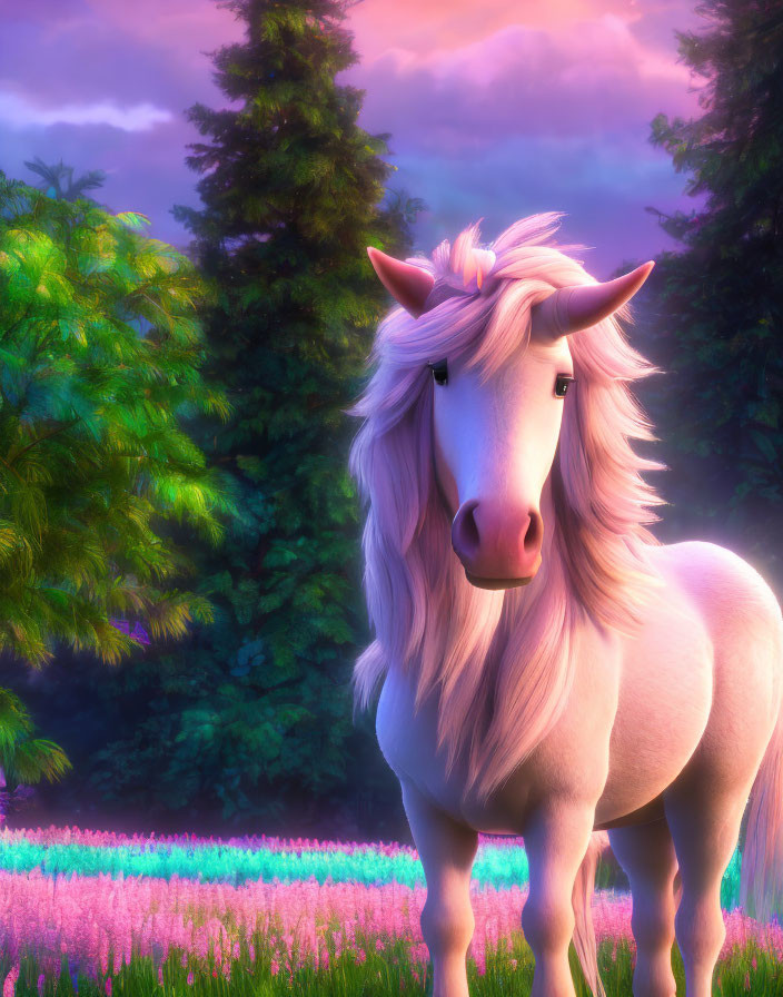 Majestic unicorn with flowing mane in vibrant forest clearing at sunset