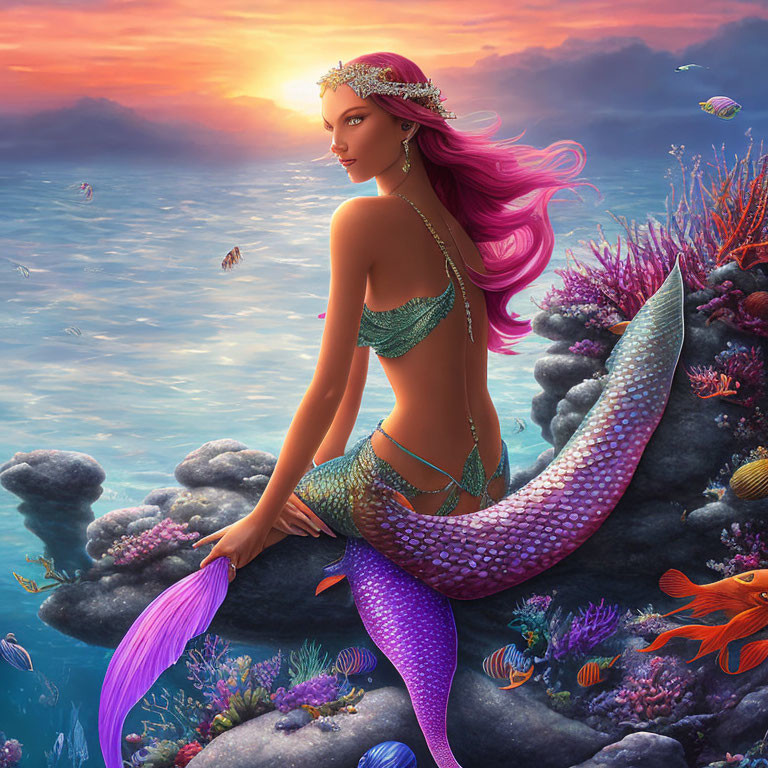 Pink-haired mermaid with tiara on rock in underwater sunset scene