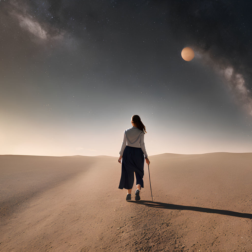 Person Walking in Serene Desert Landscape under Starry Sky