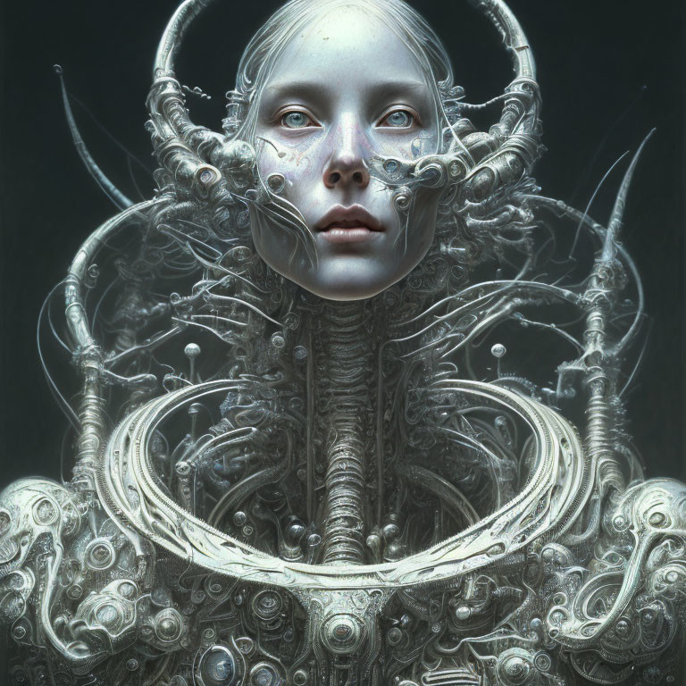 Ethereal humanoid face in ornate metallic structure