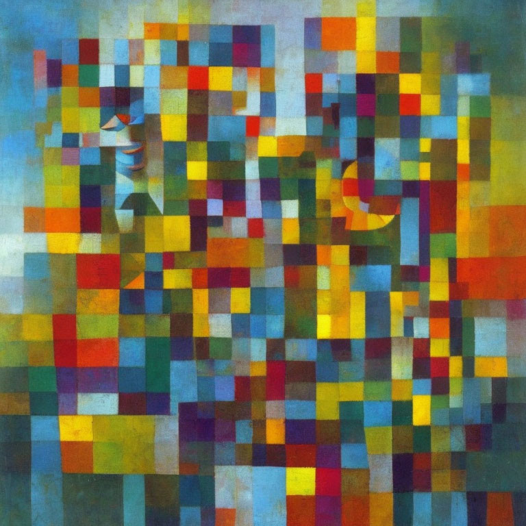 Colorful Abstract Painting with Mosaic of Squares and Rectangles in Various Tones