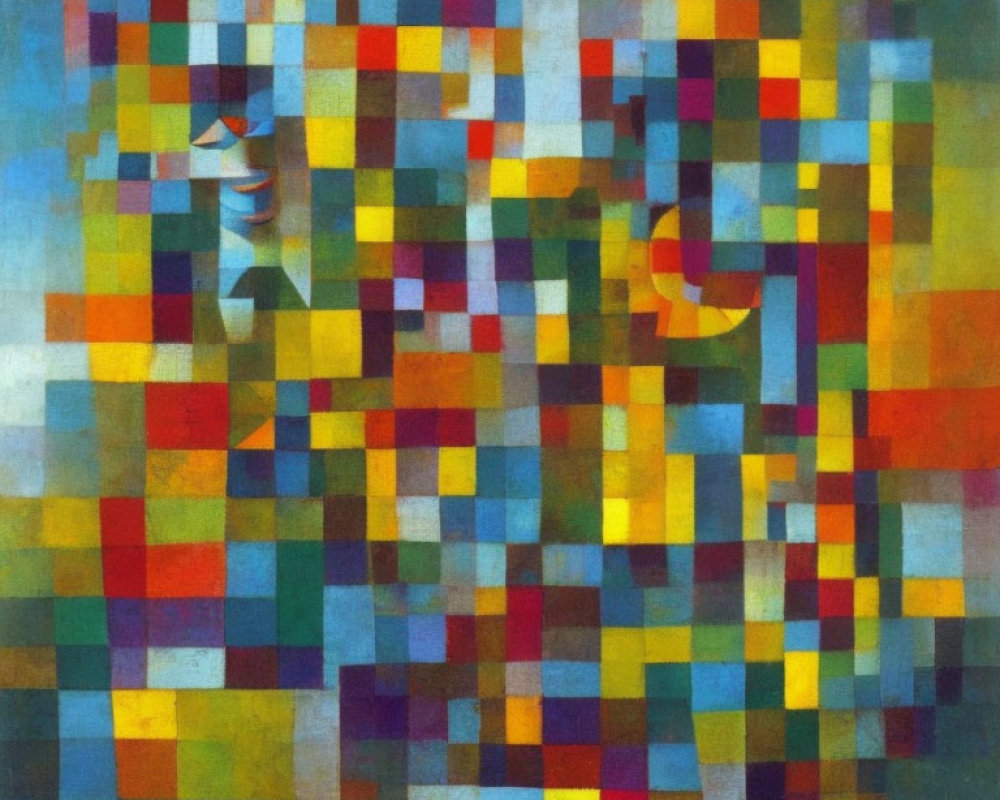 Colorful Abstract Painting with Mosaic of Squares and Rectangles in Various Tones