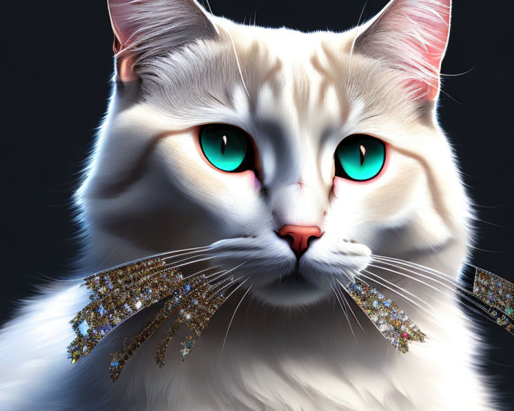 White Fluffy Cat with Turquoise Eyes and Jeweled Wings on Dark Background