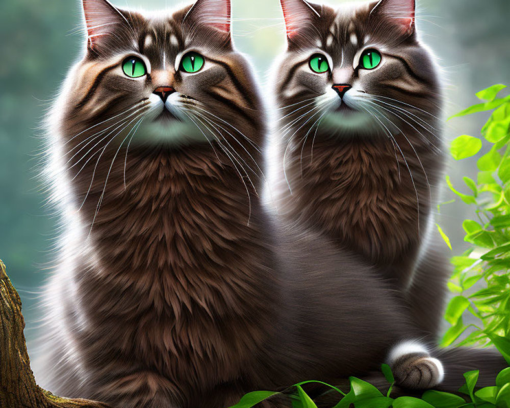 Two Brown Cats with Green Eyes Surrounded by Green Foliage