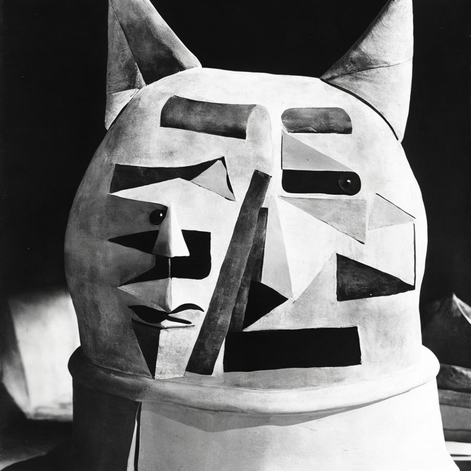 Monochromatic abstract photo of cubist-style head sculpture