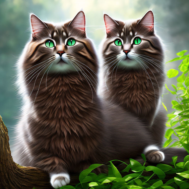 Two Brown Cats with Green Eyes Surrounded by Green Foliage