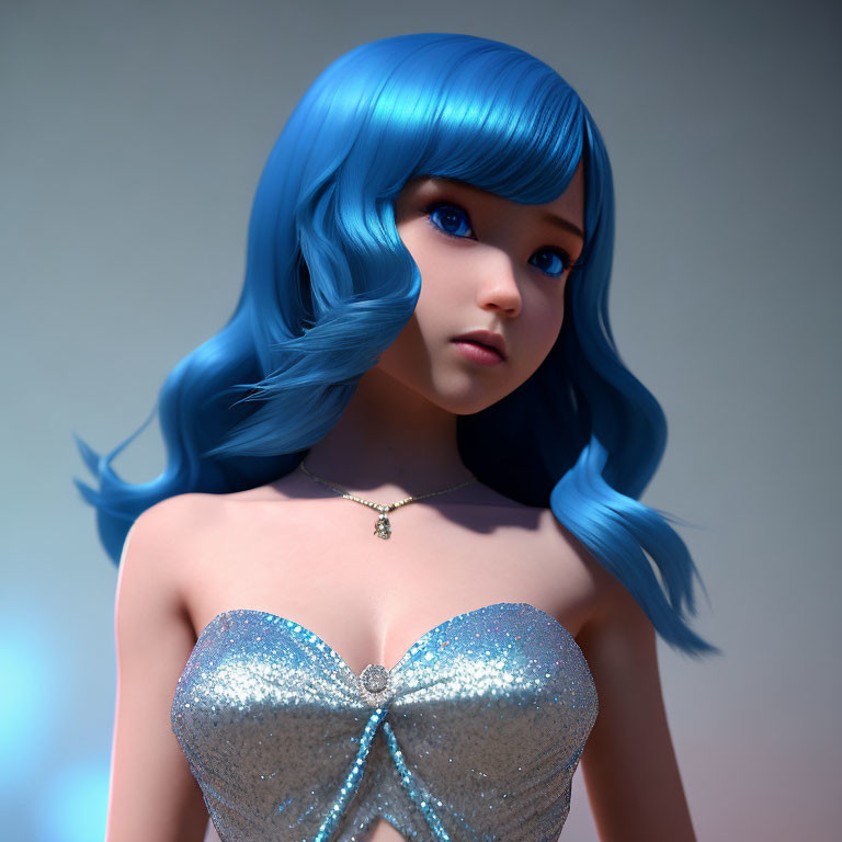 3D rendered image of girl with bright blue hair and glittery top under soft lighting