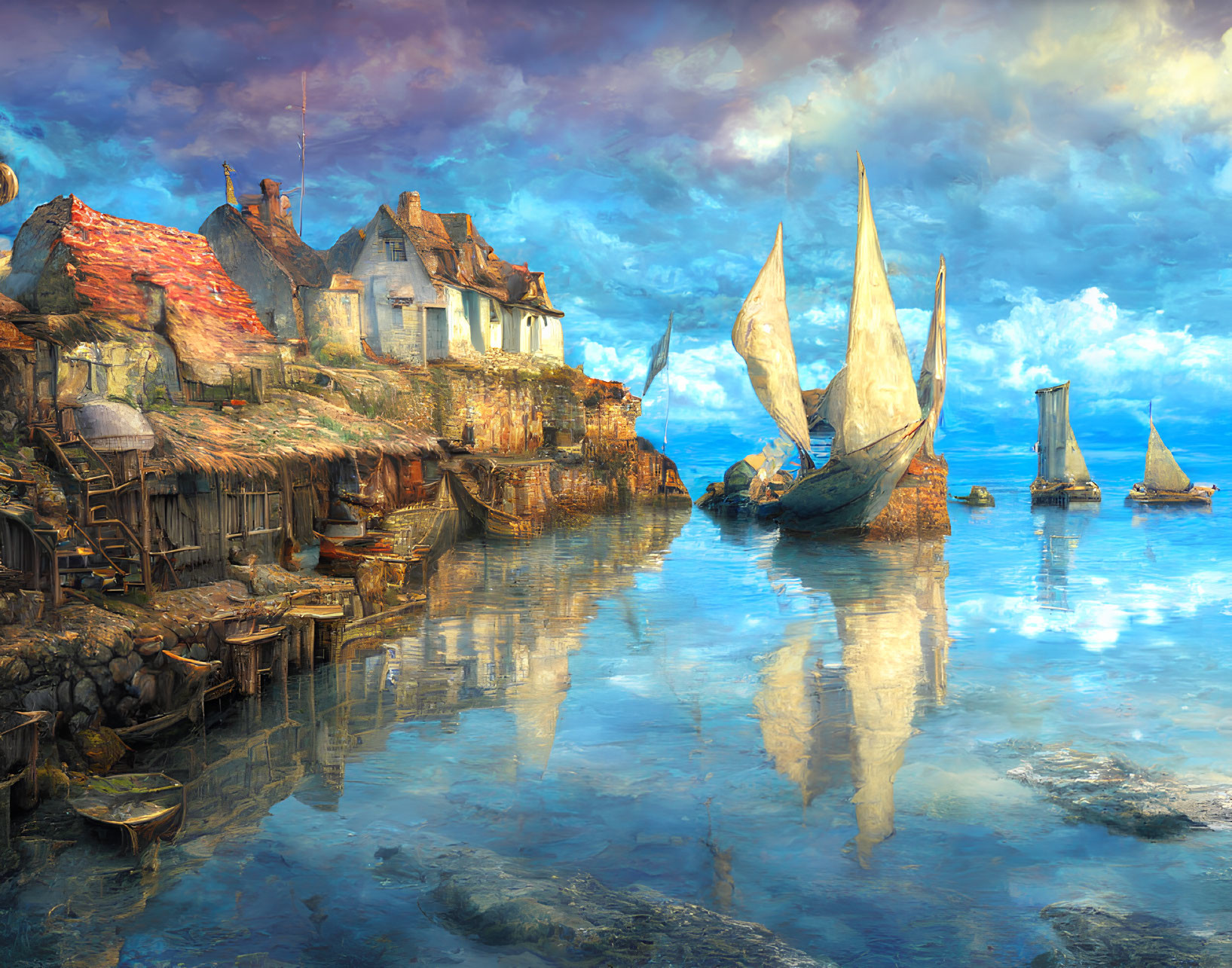 Tranquil Coastal Village with Dock, Sailing Boats, and Vivid Sky