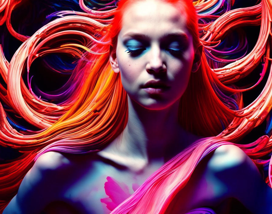 Vivid red and orange wavy hair with blue eyeshadow on person against cool-toned backdrop