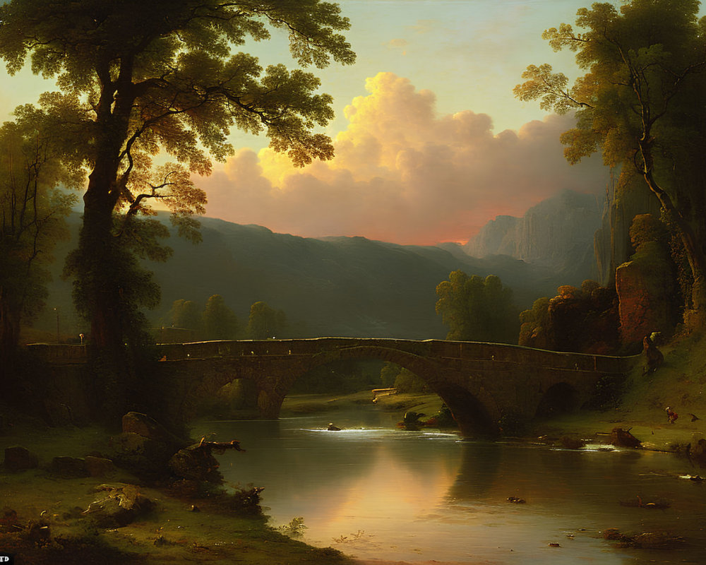 Tranquil river sunset with stone bridge, lush trees, mountains, and people.