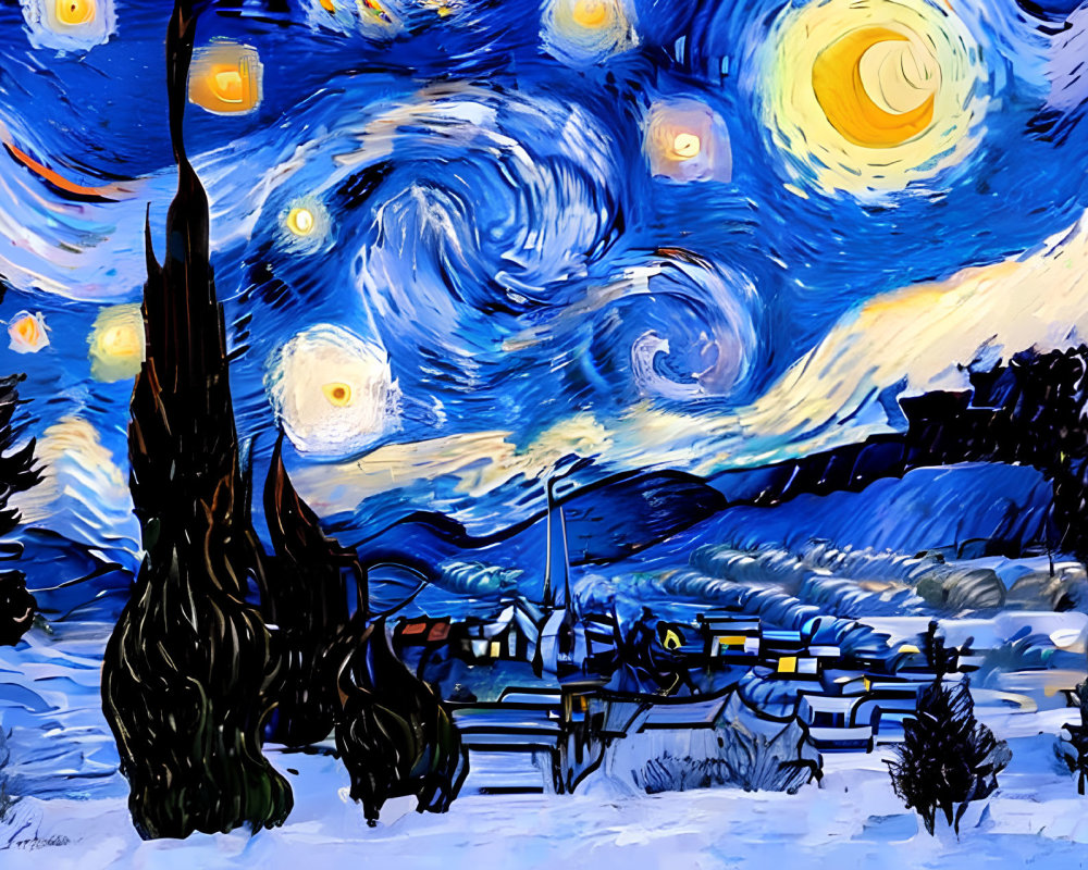 Vibrant painting of starry night sky over sleepy village