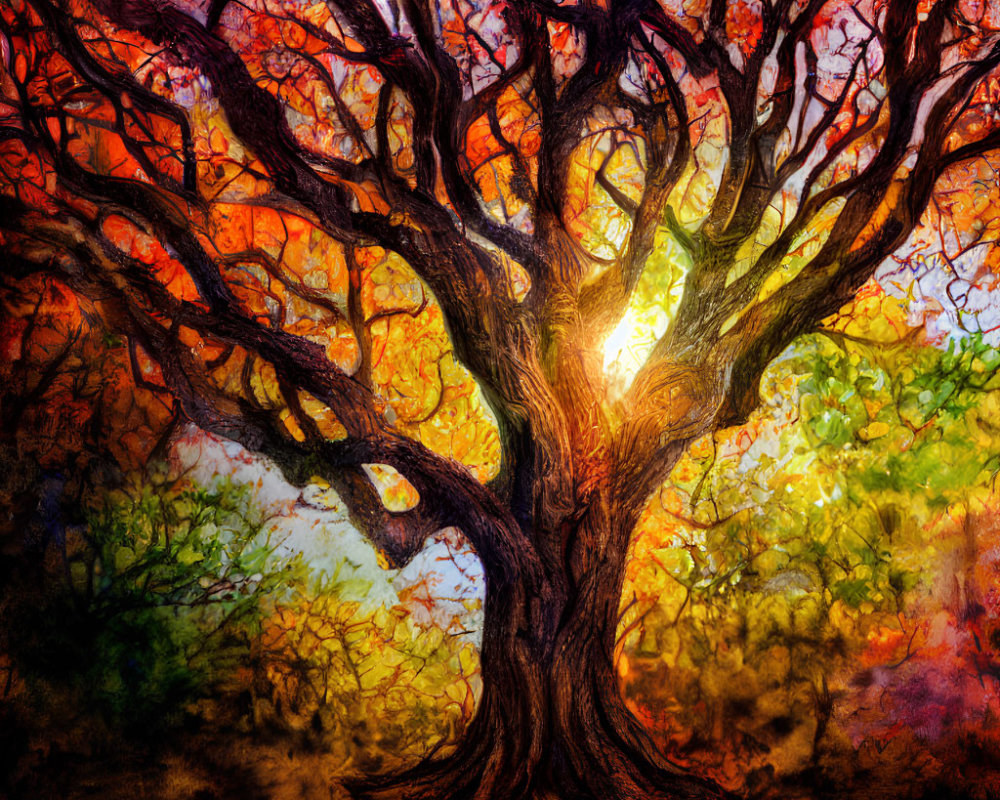 Vibrant autumn tree painting with intricate branches in warm hues