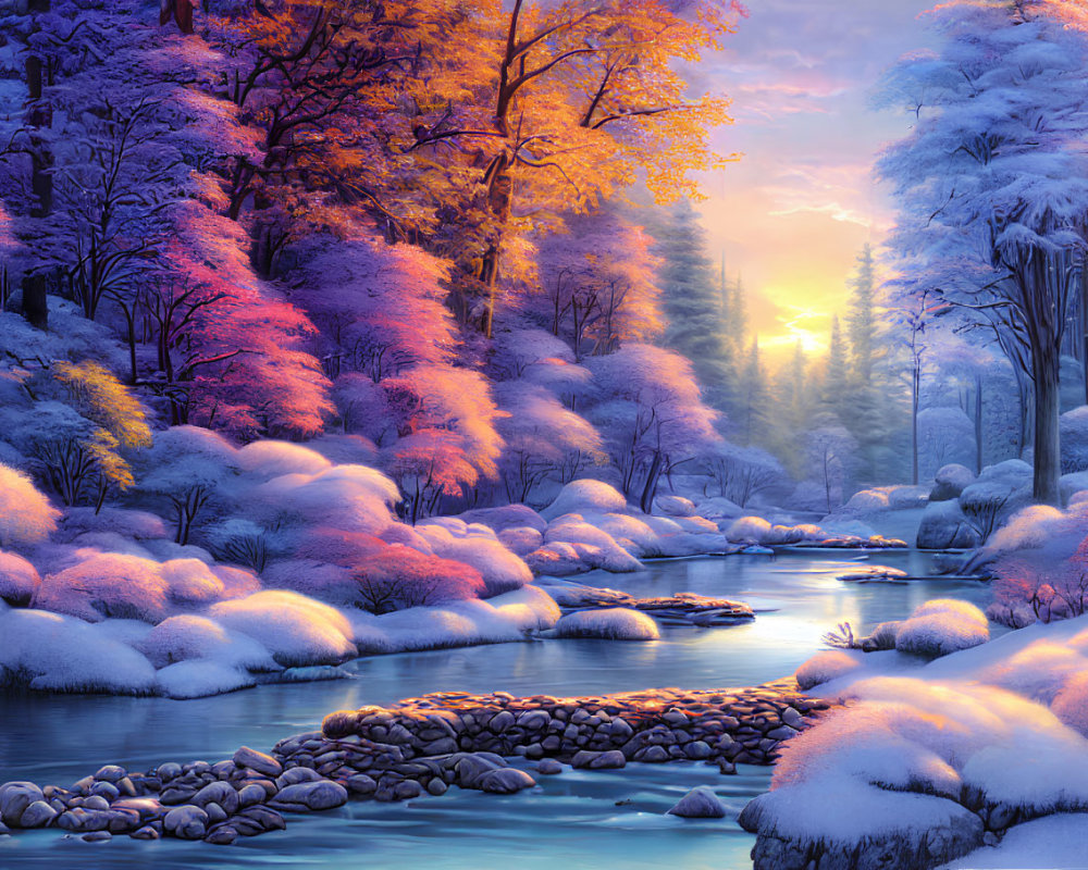 Winter river landscape with snow-covered stones and autumn trees at sunrise or sunset