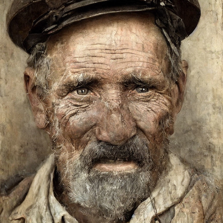 Elderly man with salt-and-pepper beard and hat gazes intensely