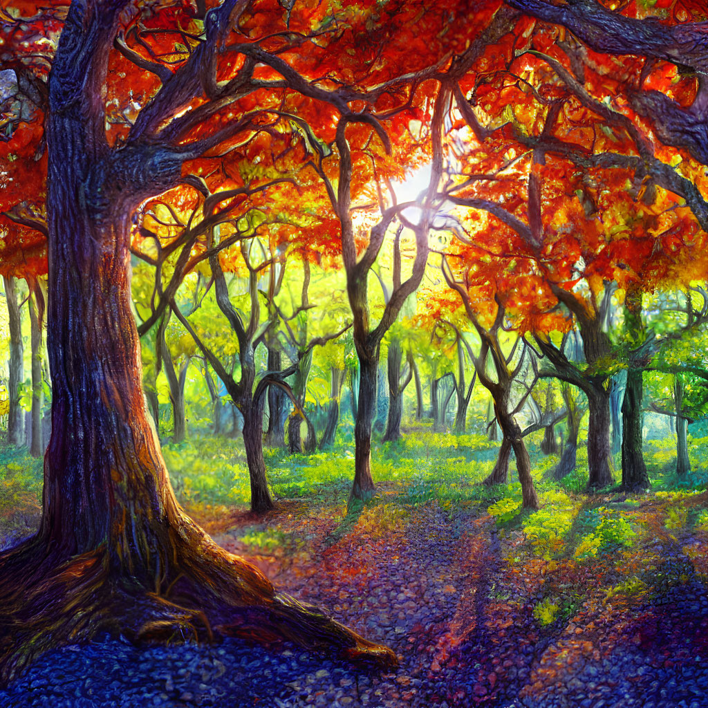 Lush forest landscape with fiery red-orange tree in sunlight