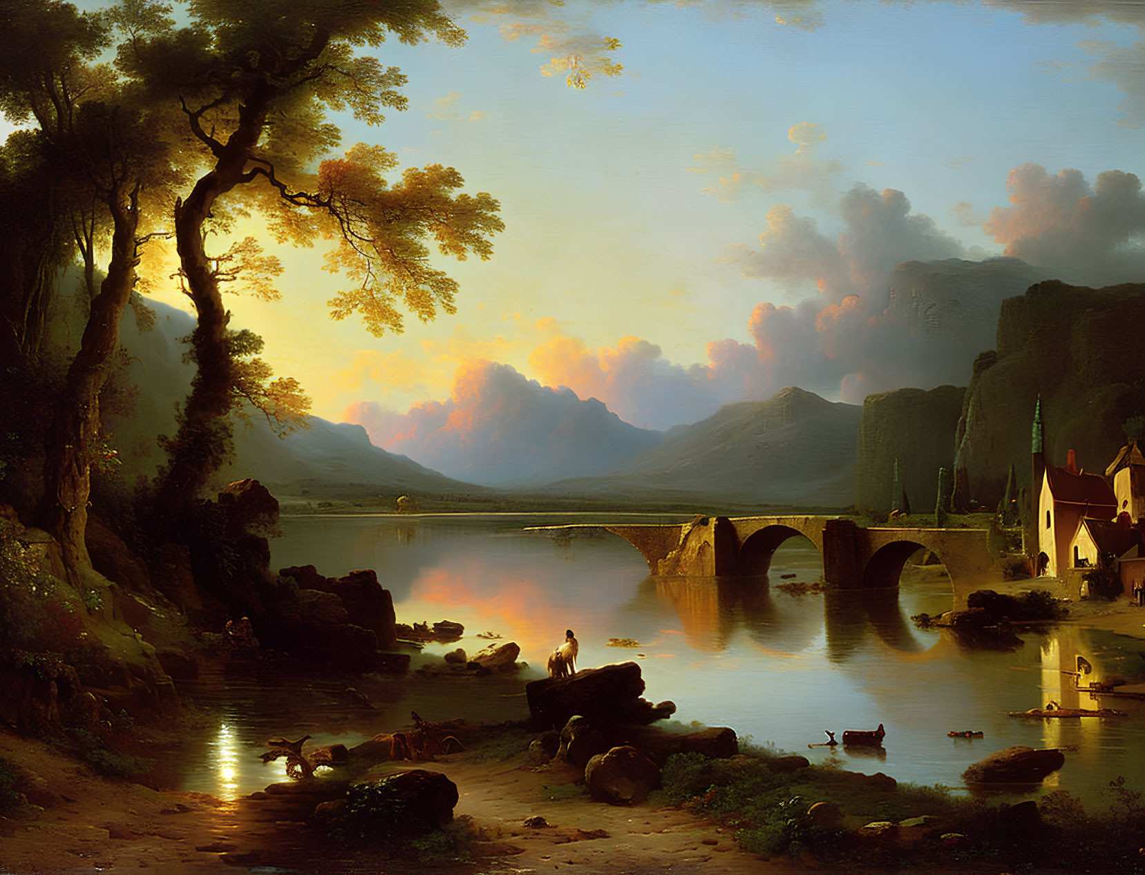 19th-Century Landscape Painting: Tranquil River Scene at Sunset