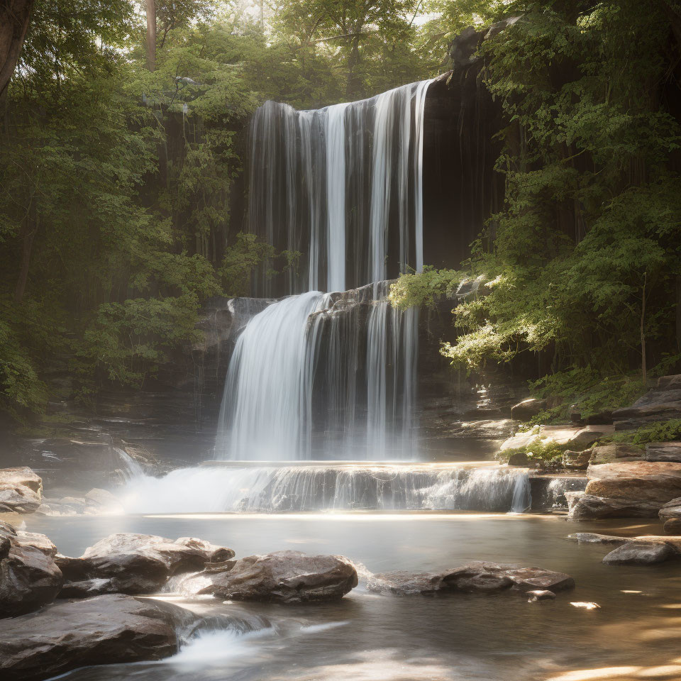 Tranquil waterfall cascading over rocky ledge amid lush greenery