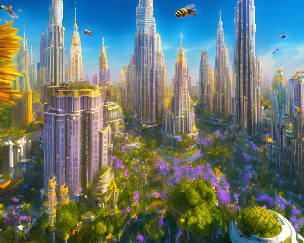 Futuristic cityscape with skyscrapers, greenery, flying vehicles