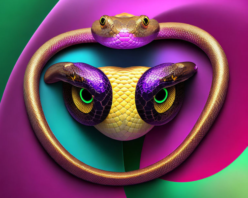 Vibrant Purple and Yellow Entwined Snakes on Multicolored Background