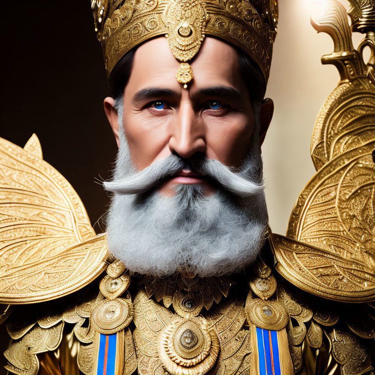 Prominent white mustache on regal man in golden crown and armor