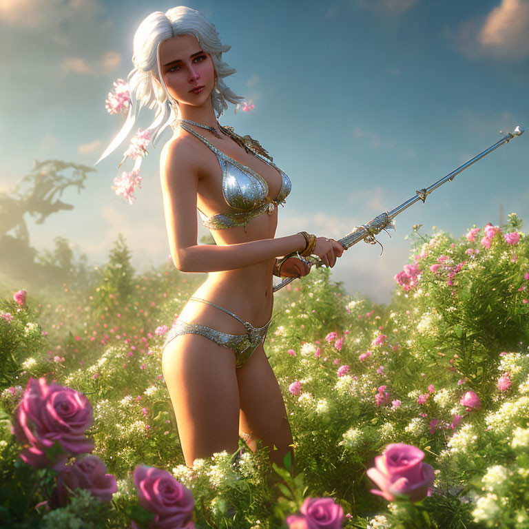 Fantasy female character with white hair in bikini armor holding a spear among blooming flowers