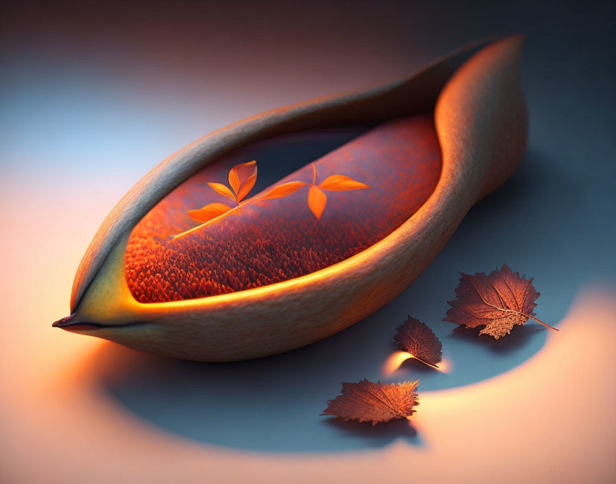 Surreal image of elongated seed pod with fiery orange core and autumn leaves on smooth surface