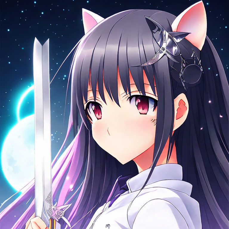 Character with Cat Ears and Sword on Starry Night Sky Background