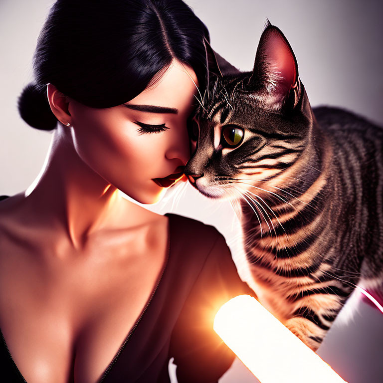 Dark-haired woman and striped cat under warm light.