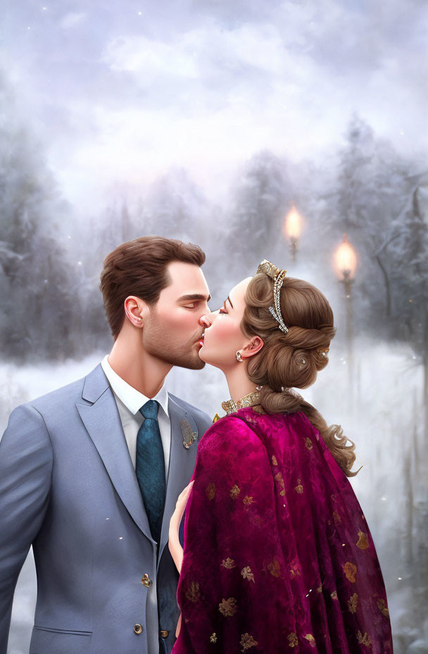 Couple kissing in elegant attire in snowy forest setting with glowing torches