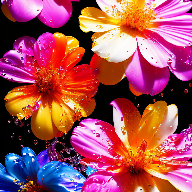 Colorful Flowers with Water Droplets on Petals on Black Background