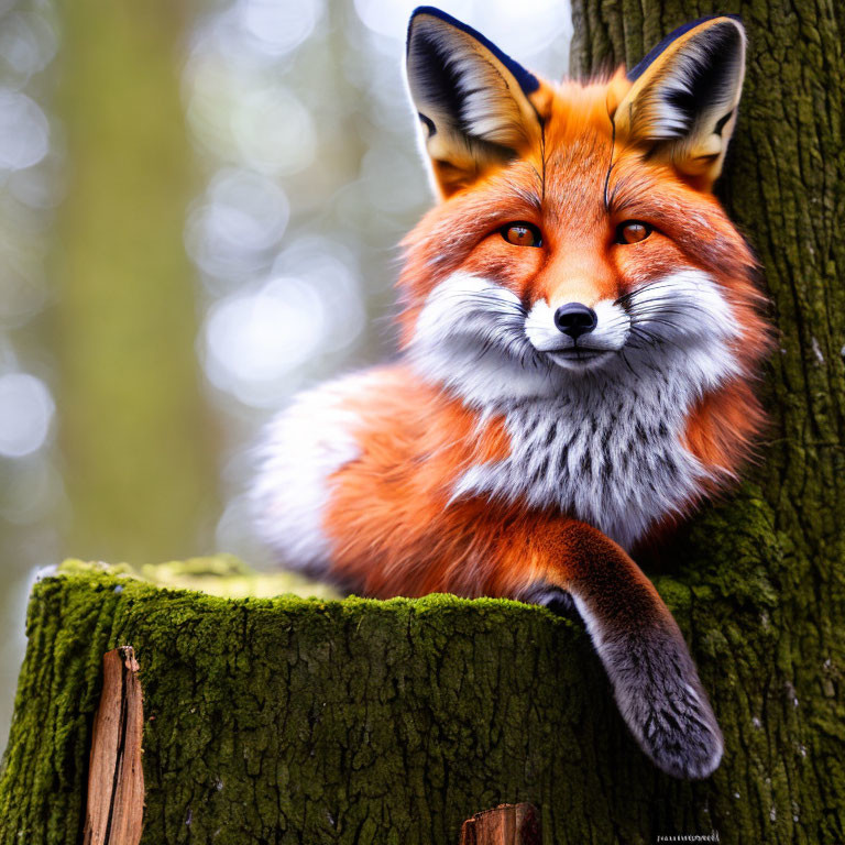 Vibrant red fox on mossy tree stump in soft-focus forest