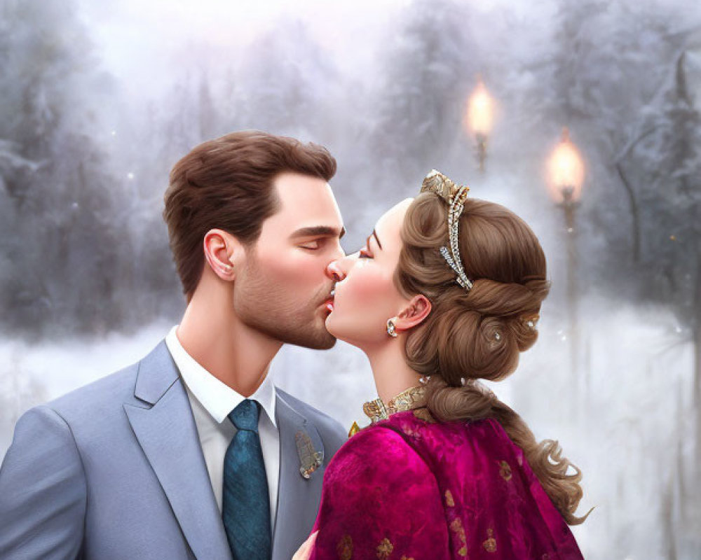 Couple kissing in elegant attire in snowy forest setting with glowing torches