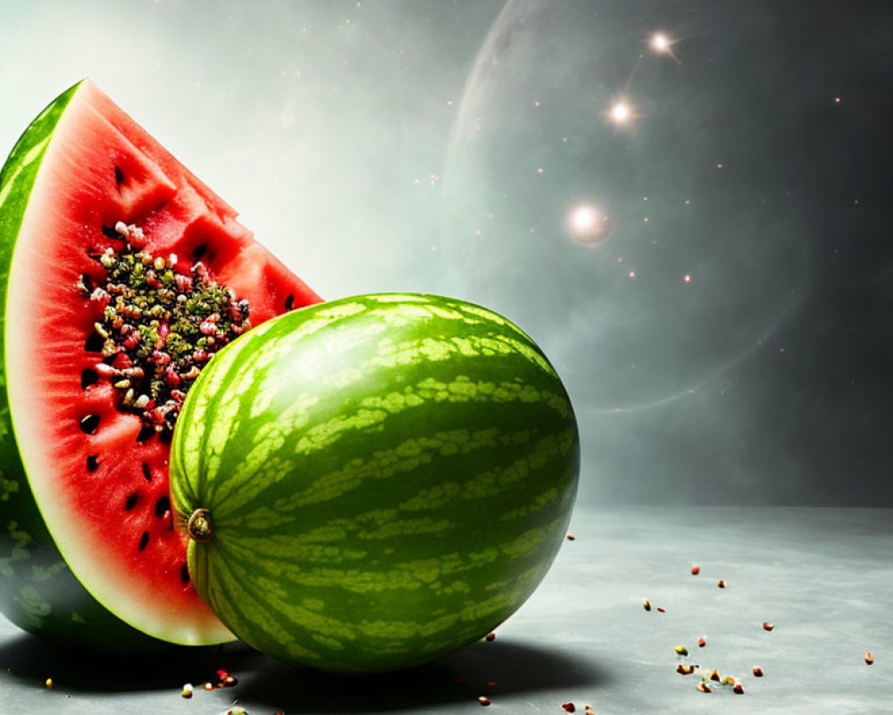 Whole watermelon and sliced piece with seeds on cosmic backdrop.