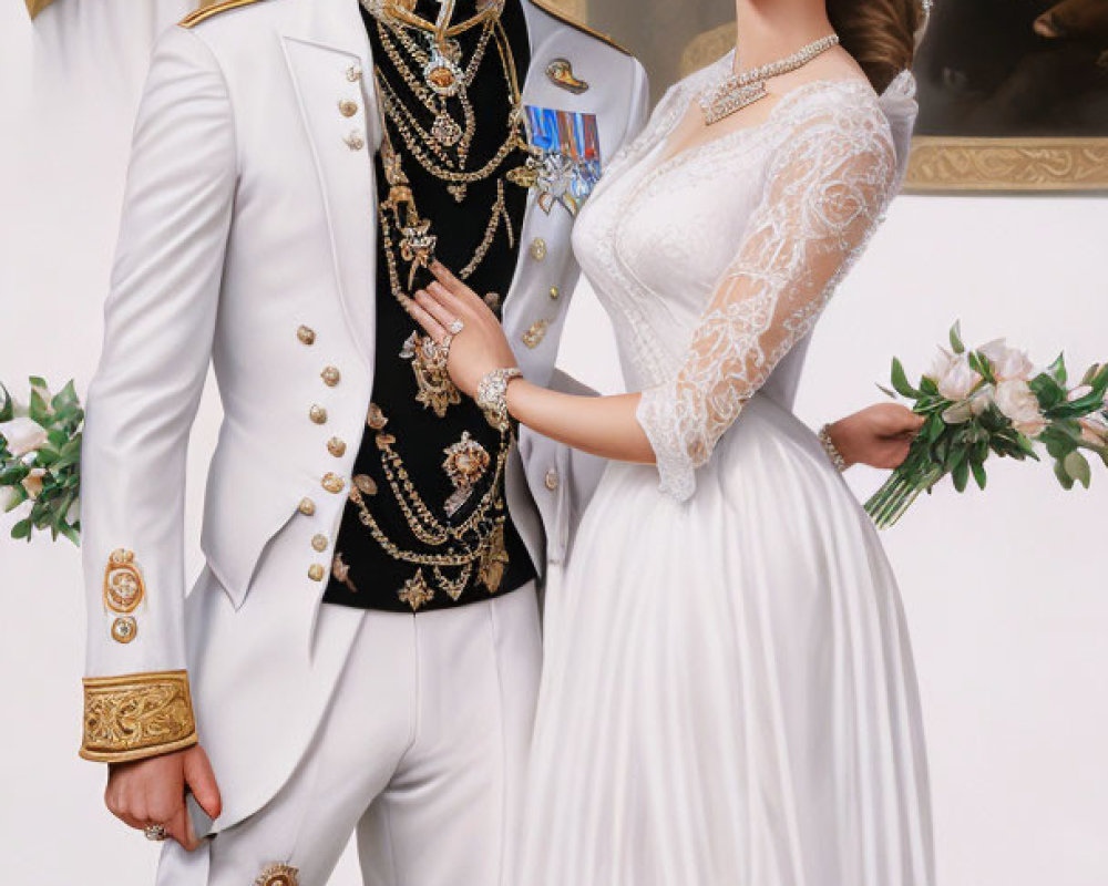 Regal couple in military uniform and lace dress portrait