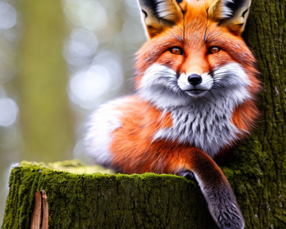 Vibrant red fox on mossy tree stump in soft-focus forest