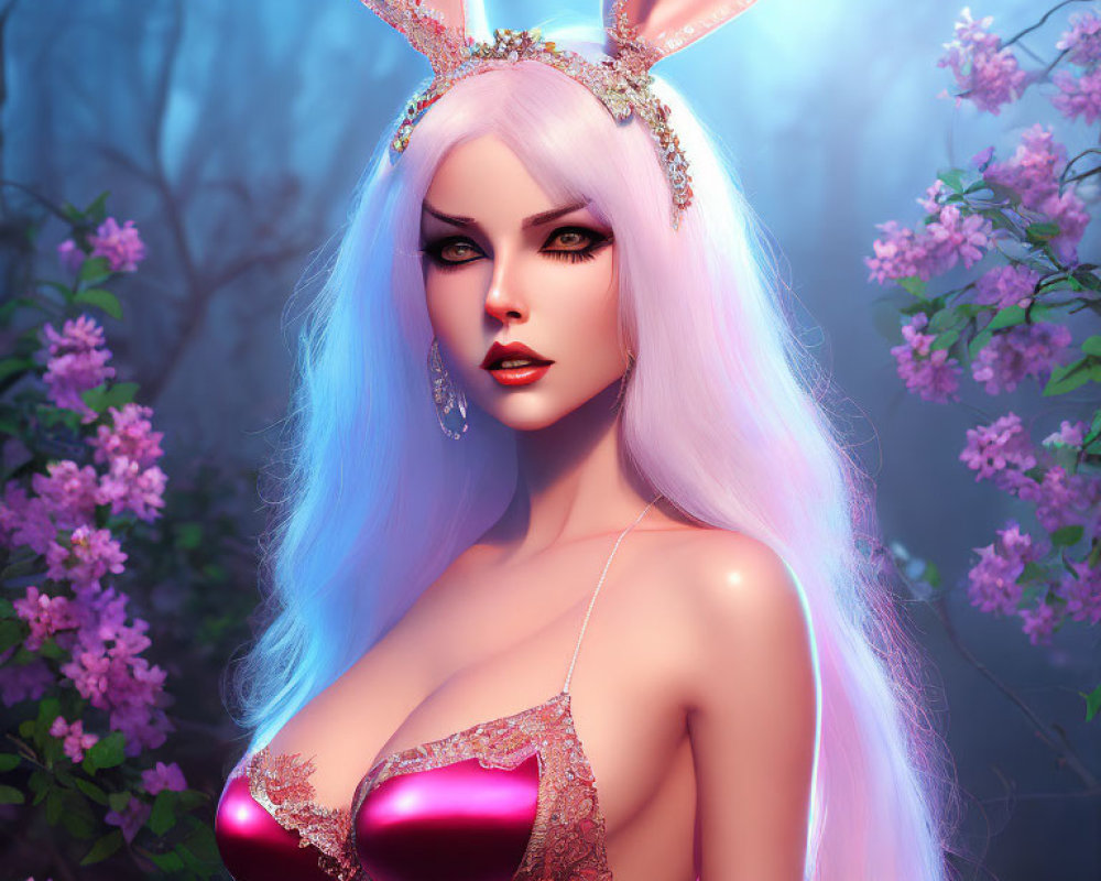 Fantasy image: Woman with pink bunny ears, white hair, striking makeup, in mystical purple blooms