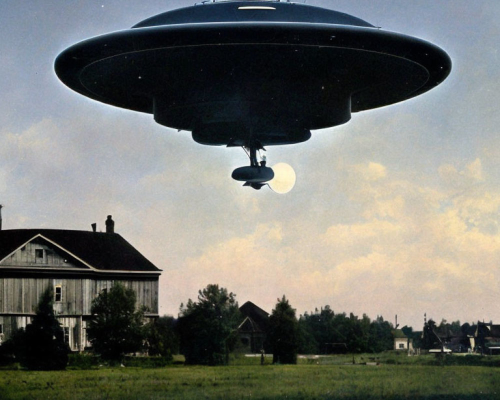 Large UFO hovering over rustic house in retro-style art