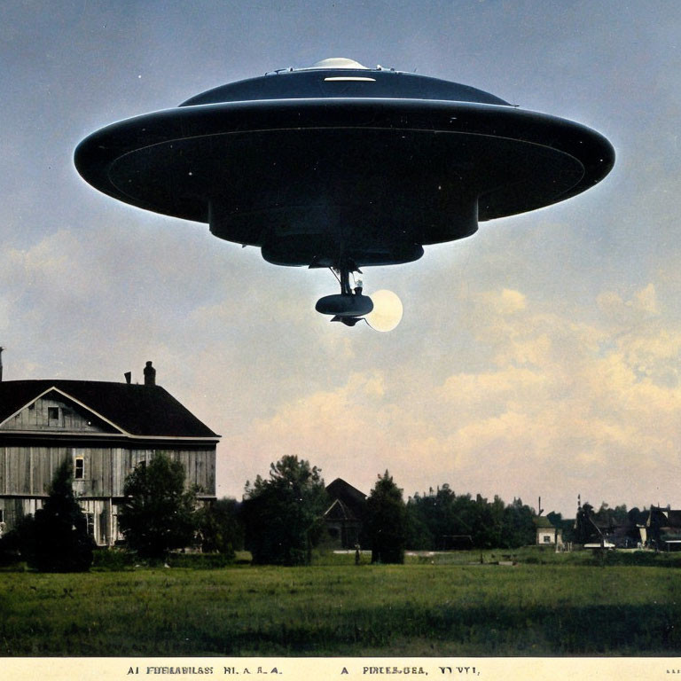 Large UFO hovering over rustic house in retro-style art