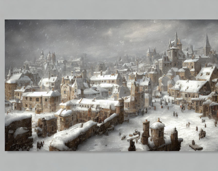 Medieval town covered in snow with residents navigating streets