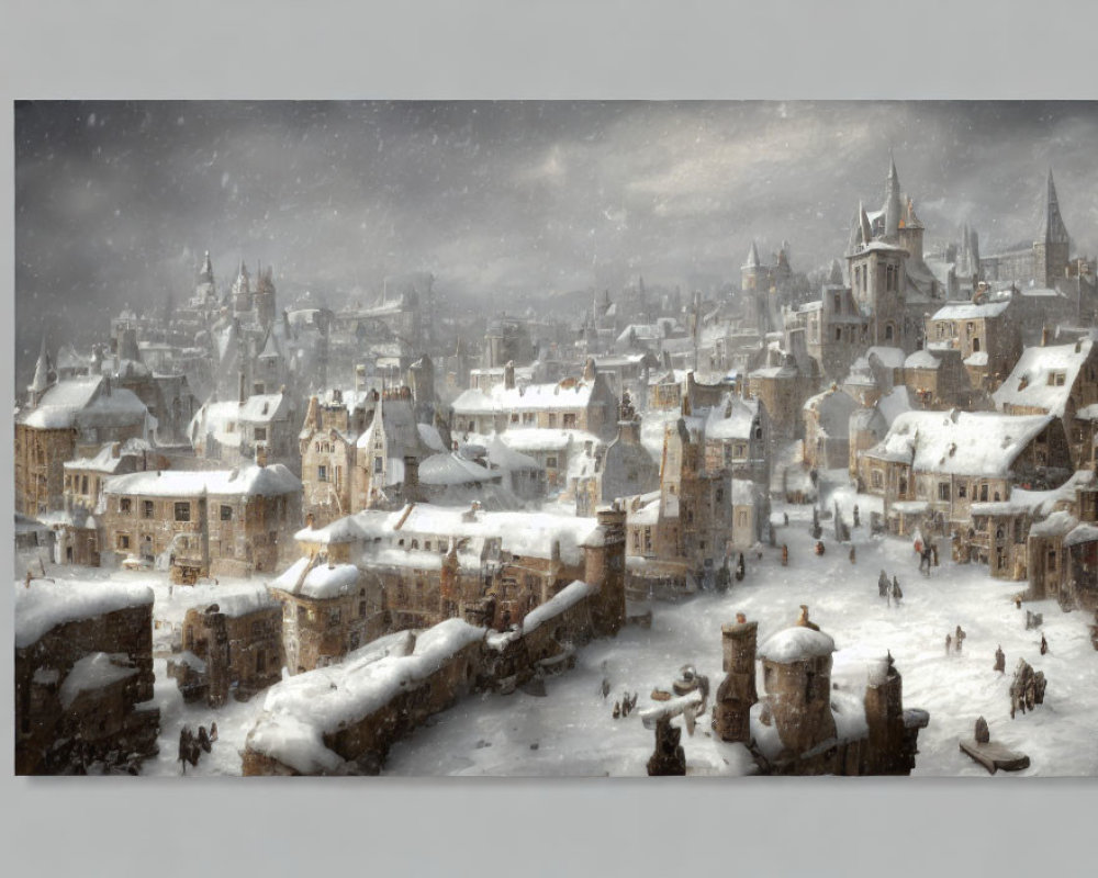 Medieval town covered in snow with residents navigating streets