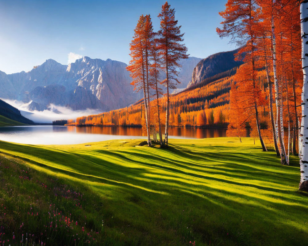 Tranquil Autumn Lake Scene with Birch Trees